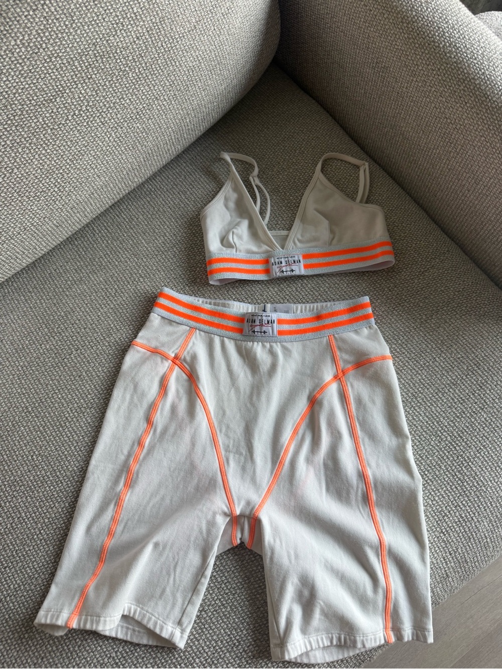 RARE Adam Selman Sport Cream Bike Shorts with Neon Orange Trim - Sporty Comfort